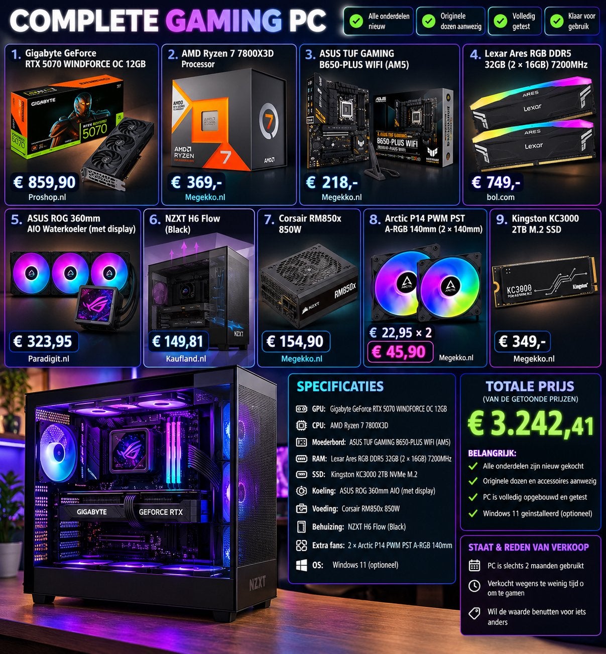 Complete Gaming PC: RTX 5070, Ryzen 7 7800X3D, 32GB RAM, Ophalen, 32 GB, Zo goed als nieuw, Gaming