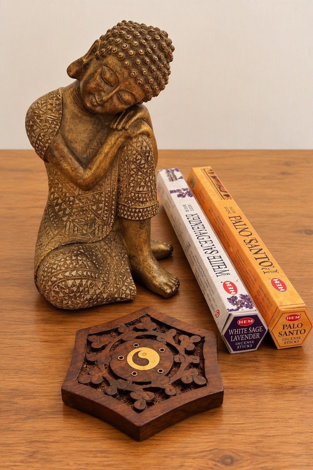 Cadeauset: Boeddha beeld met wierookhouder en wierook, Handgemaakt, Nieuw, Ophalen of Verzenden, Hout