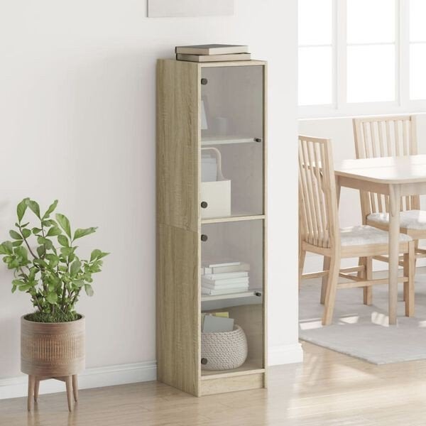 Hoge kast glazen deuren sonoma eikenkleurig nieuw in doos, Ophalen, Nieuw, 25 tot 50 cm, Glas