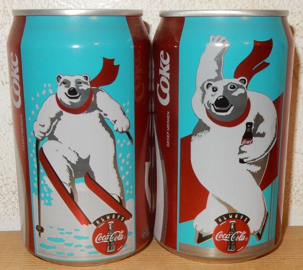 2 oude Coca cola Happy Holidays Spaarpot blikjes uit 1994, Ophalen of Verzenden, Gebruikt, Metaal of Blik, Overige thema's