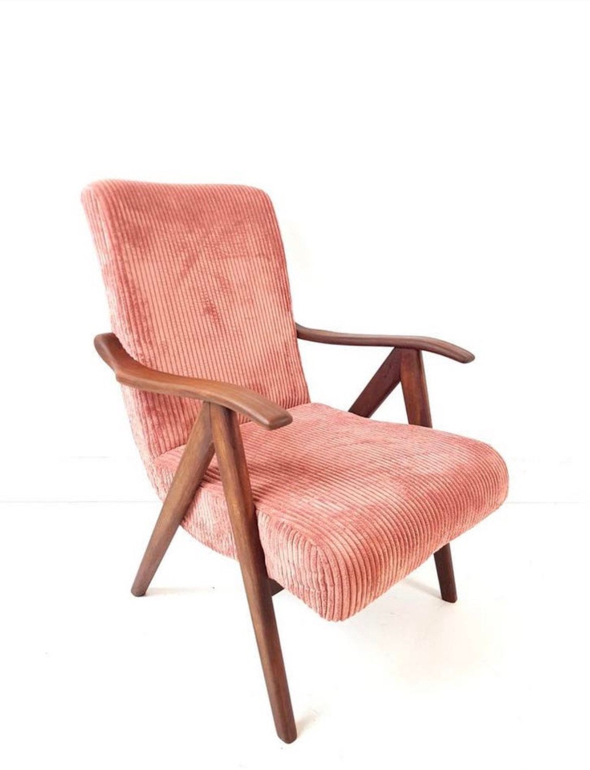 Vintage teak houten fauteuil | fauteuiltje roze nieuw, -, -, Ophalen of Verzenden, Zo goed als nieuw