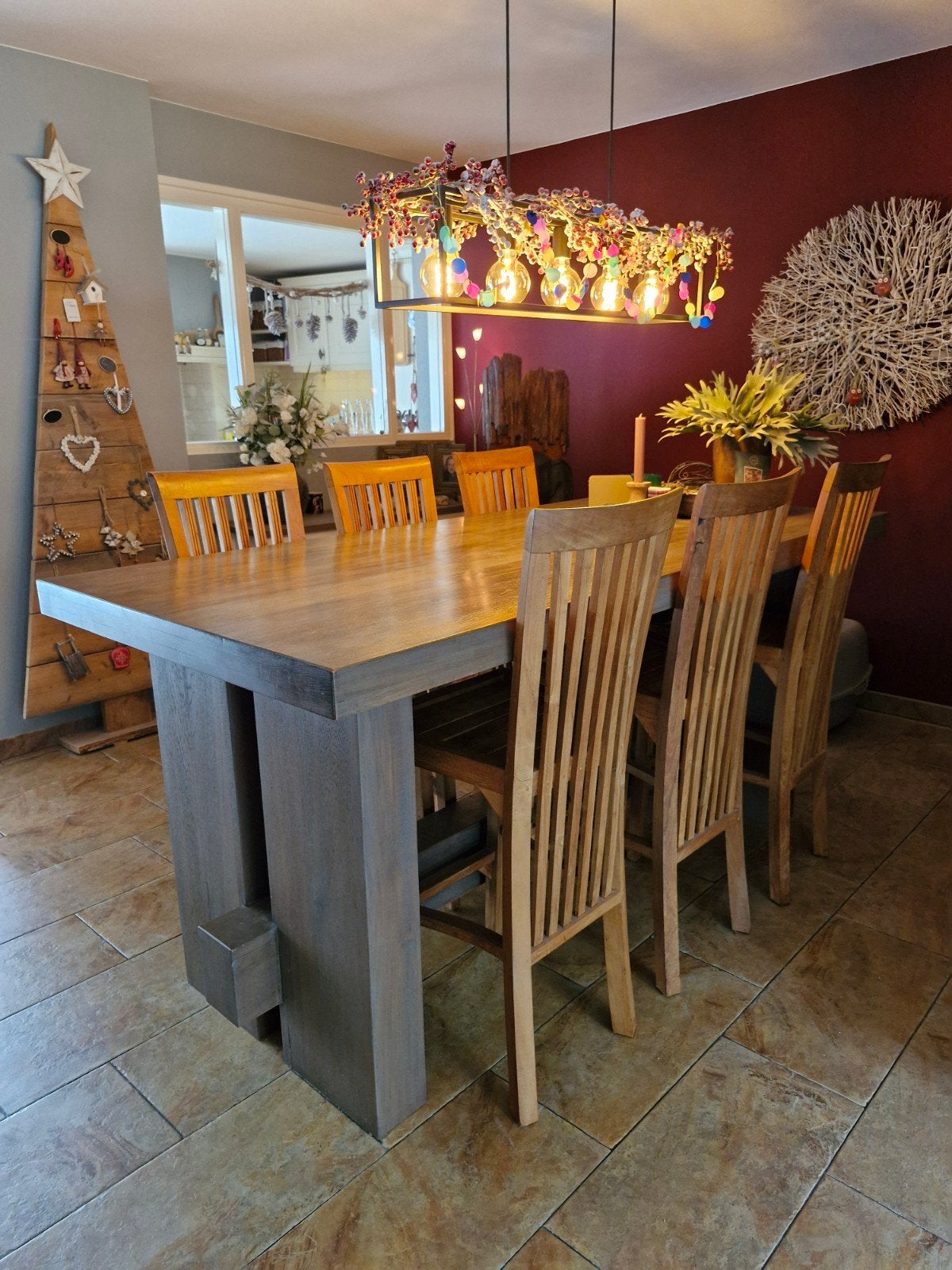 Houten hoge tafel met 6 teakhouten stoelen, Ophalen, Gebruikt, 50 tot 100 cm, Vijf personen of meer
