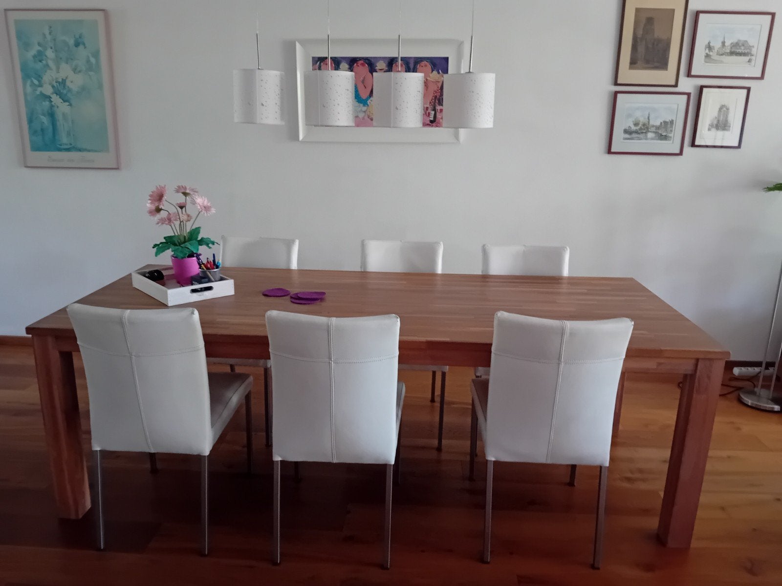 Grote houten eettafel met leren stoelen, Huis en Inrichting, Tafels | Eettafels, Ophalen, Gebruikt, 100 tot 150 cm, 200 cm of meer