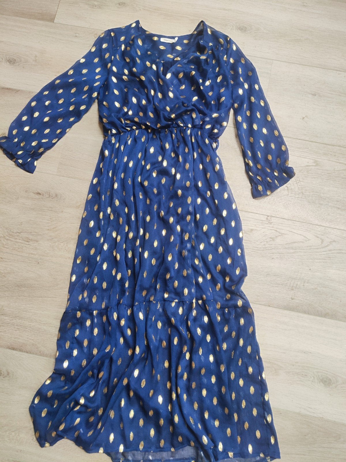 Vintage Dressing Maxi Jurk Blauw met Gouden Stippen, Vintage Dressing, Blauw, Ophalen of Verzenden, Zo goed als nieuw