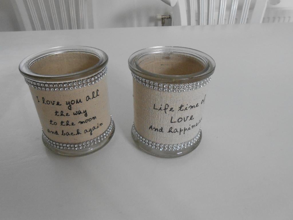 2 glazen potjes voor kaarsen, Overige materialen, Beige, Ophalen of Verzenden, Zo goed als nieuw