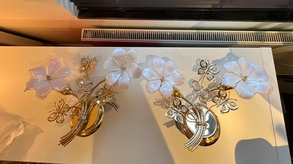 Set wandlampen met Murano glazen bloemen en kristallen, Ophalen, Zo goed als nieuw, Glas, Vintage