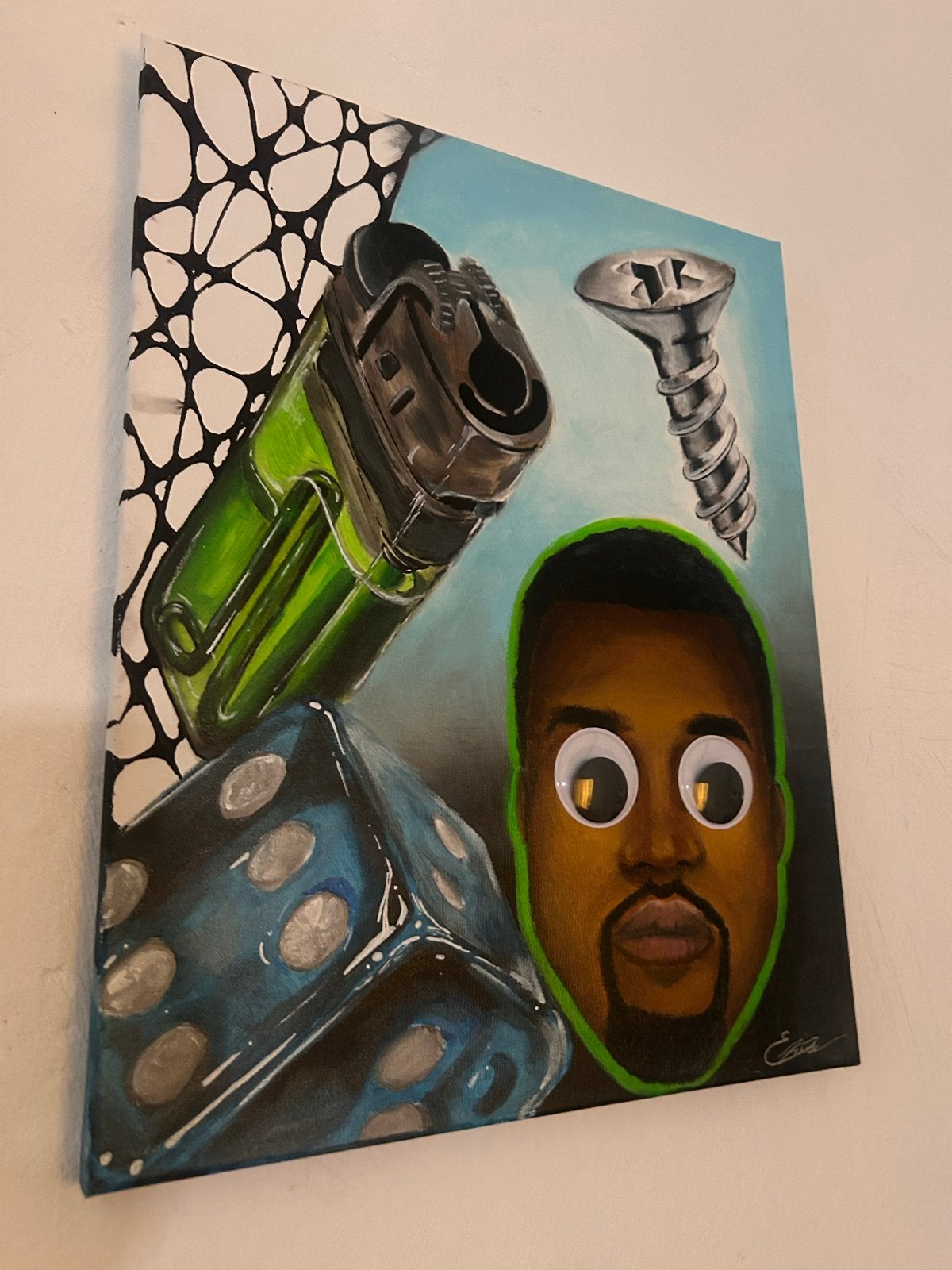 Kanye West Schilderij 50x40 cm met 3D-ogen, Ophalen, Acrylverf, 3D-effect, Portret