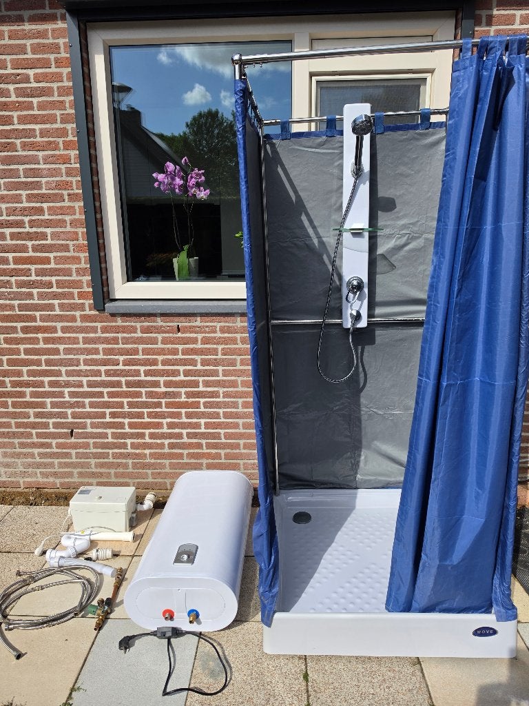 Nood douche incl 50L boiler en rioolpomp, Doe-het-zelf en Verbouw, Sanitair, Ophalen, Zo goed als nieuw, Chroom, Douche