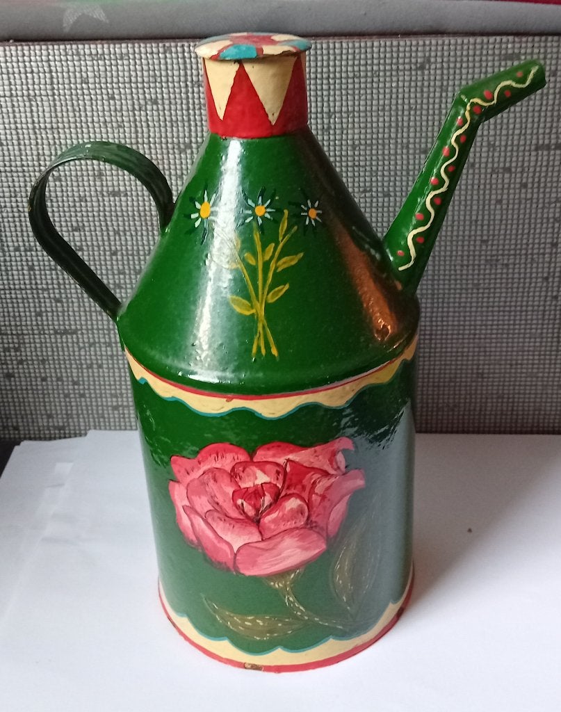 vintage, handgeschilderde metalen kan met bloemen, Verzenden