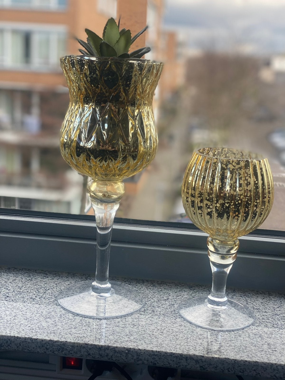 Mooie glazen kandelaars in goud, 2 modellen, Huis en Inrichting, Woonaccessoires | Kandelaars en Kaarsen, Ophalen of Verzenden