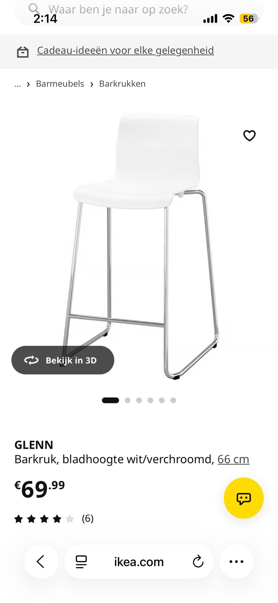 IKEA GLENN barkrukken wit/verchroomd (2 stuks), Kunststof, Met voetsteun, 60 tot 90 cm, Ophalen of Verzenden