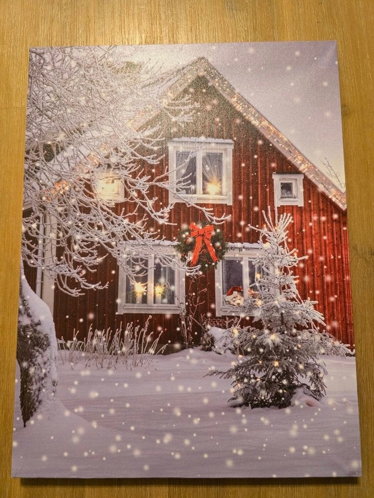 Kersthuisje in de sneeuw - Canvas met LED-verlichting, 50 – 75, Ophalen of Verzenden, Zo goed als nieuw, Schilderij