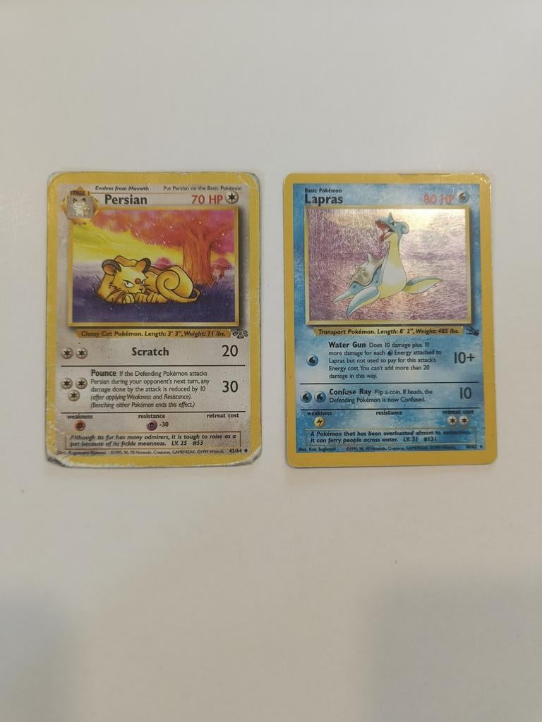 Pokemon kaarten 1999: Persian (slecht) & Lapras (goed), Ophalen of Verzenden, Gebruikt, Meerdere kaarten