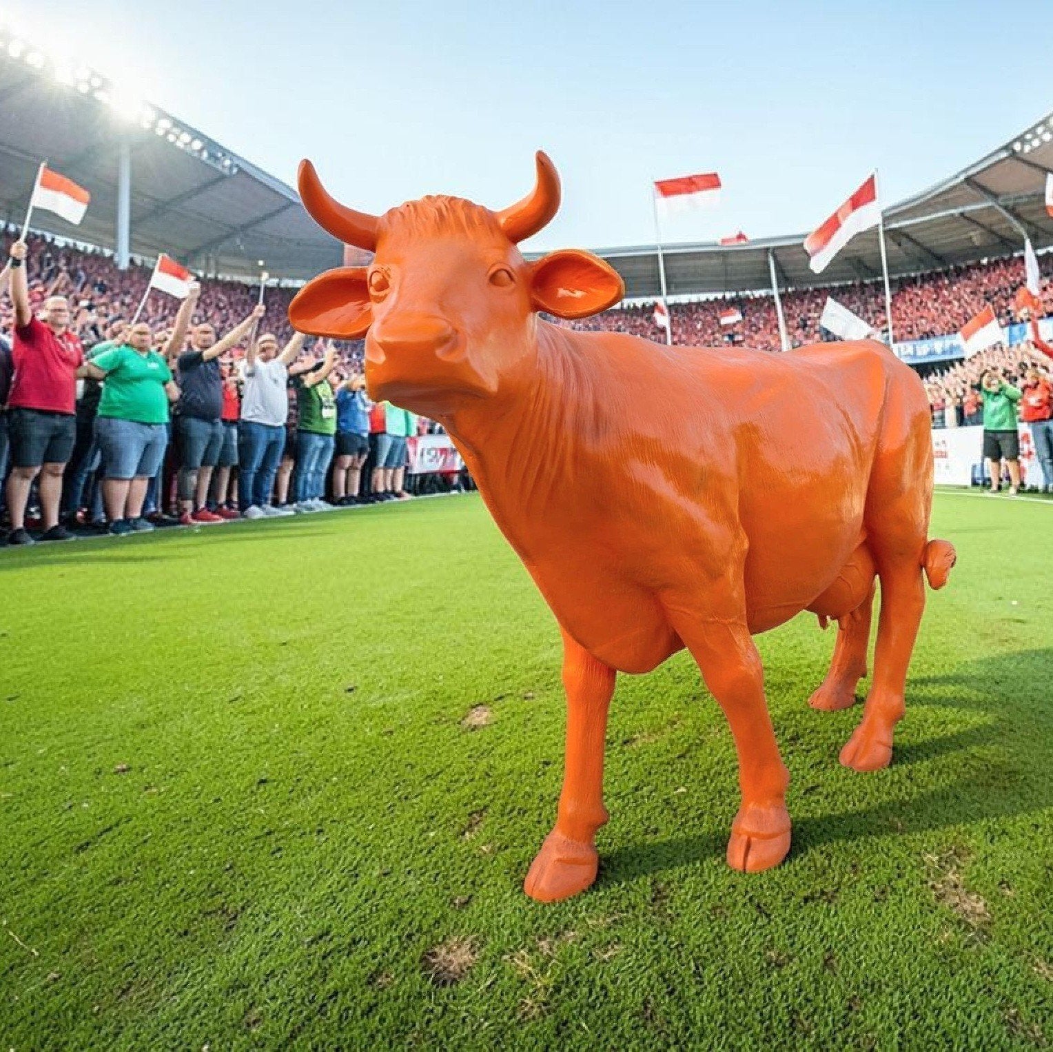 WK 2026 koe, voetbal oranje mascotte Nederland, Ophalen, Nieuw, Kunststof, Dierenbeeld