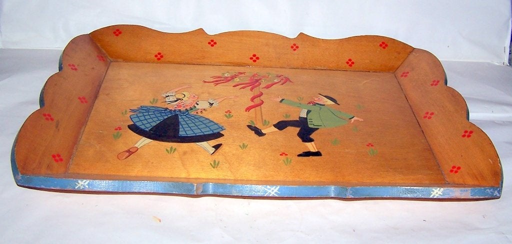 Vintage houten dienblad met figuren dansend rond een meiboom, Ophalen of Verzenden