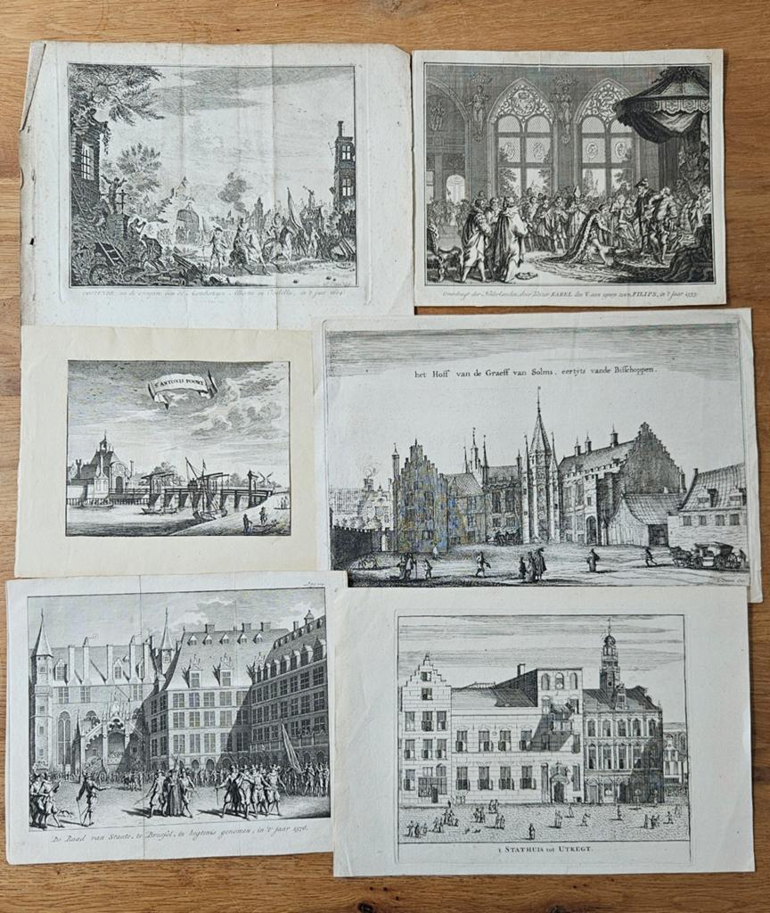 Set van 6 Historische Gravures: Stadsgezichten en Scènes, Ophalen of Verzenden, Stadsgezicht, Gravure, Voor 1600