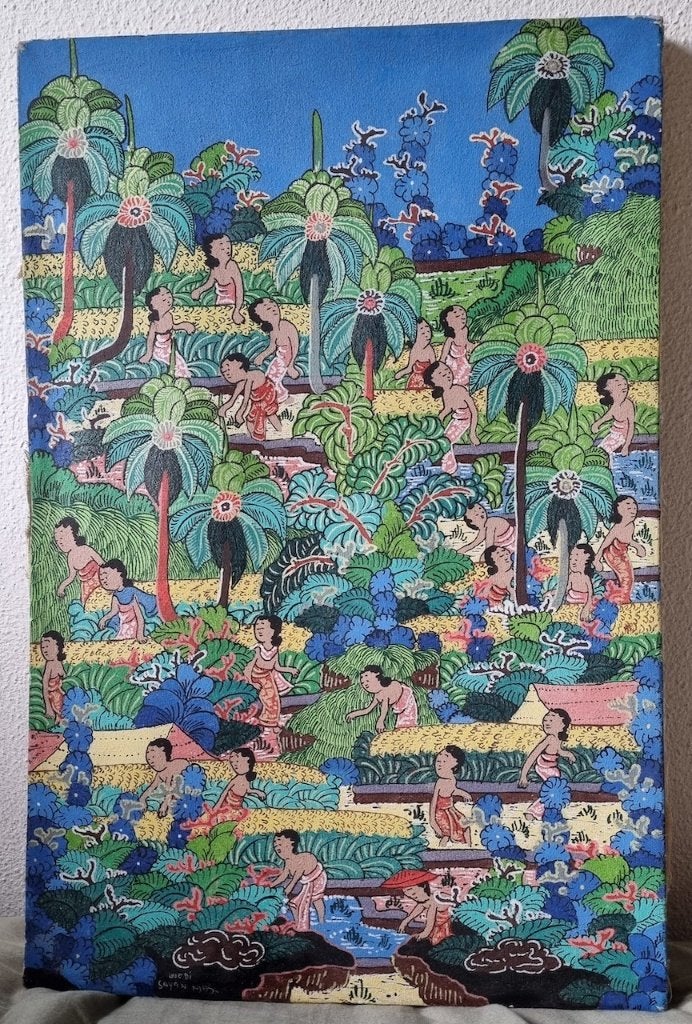 Kleurrijke schilderij Bali (Indonesië)., Antiek en Kunst, Ophalen of Verzenden