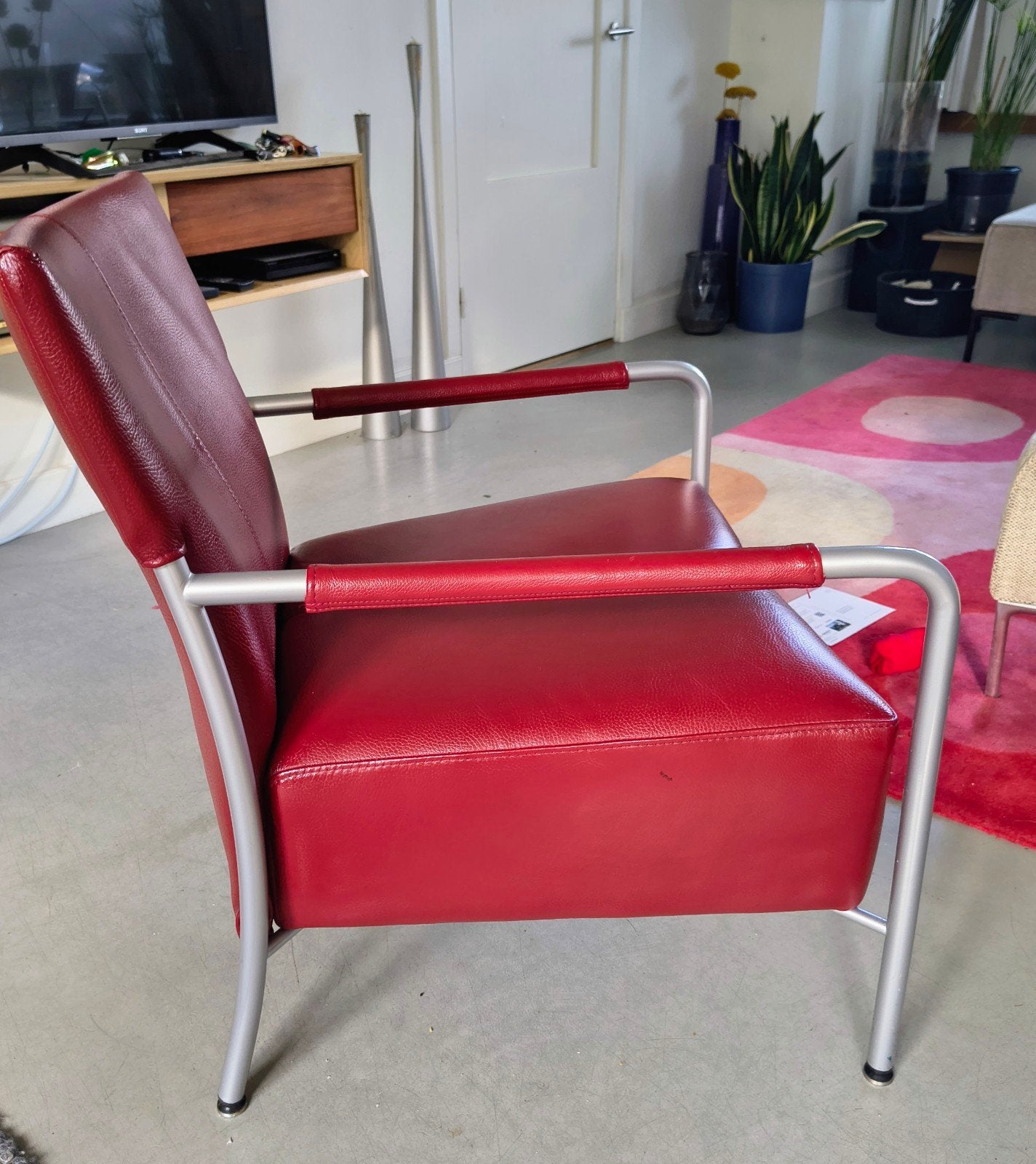 Bert Plantagie fauteuil, rood leer, aluminium frame, Huis en Inrichting, Stoelen, Ophalen, Gebruikt, Eén, Leer
