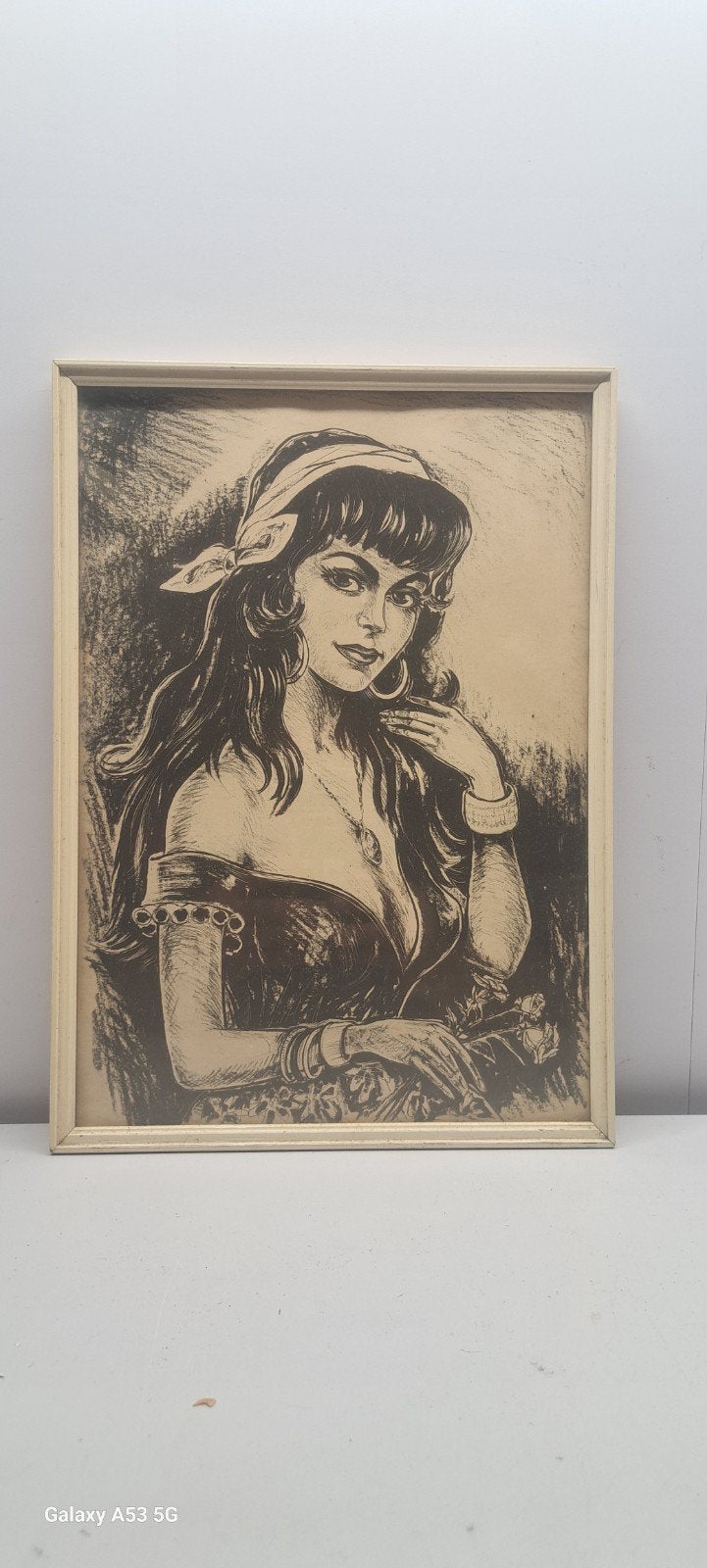 Vintage Zigeuner Vrouw Kunst - Tekening 255 x 355 mm, Ophalen of Verzenden, Tekening, Potloodtekening, Ingelijst