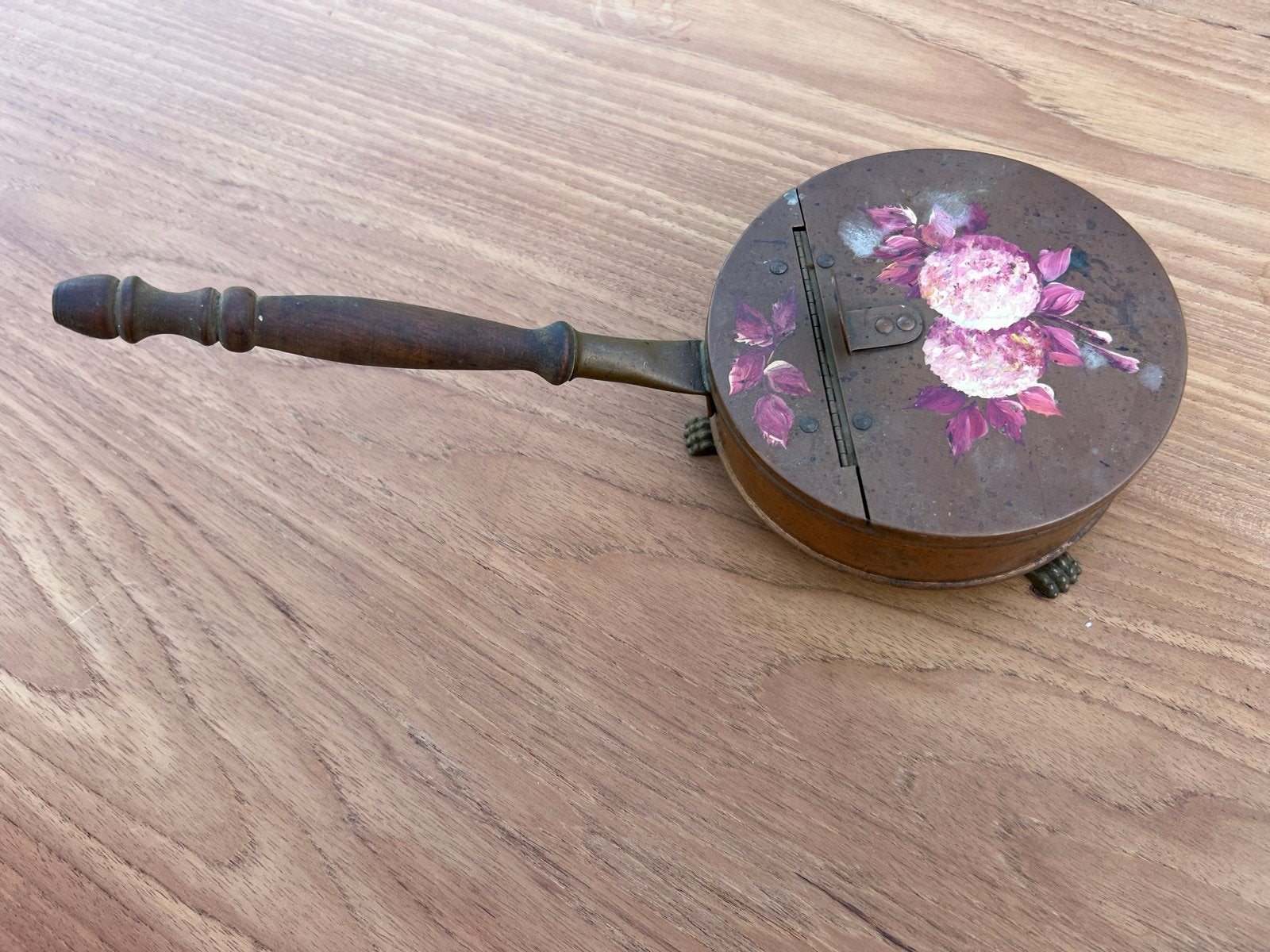 Antieke koperen beddenpan met houten handvat, Antiek en Kunst, Ophalen of Verzenden