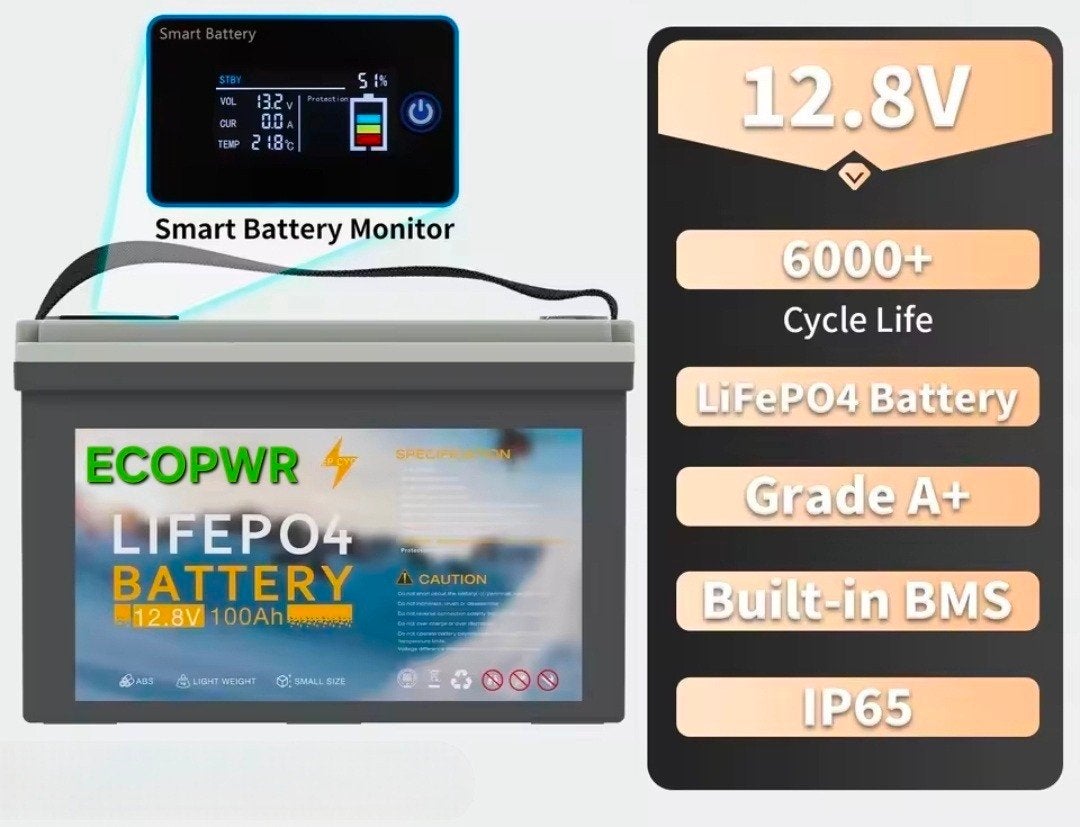 ECOPWR LiFePO4 Accu 12.8V 100Ah + acculader en Bluetooth e, Ophalen of Verzenden, Nieuw