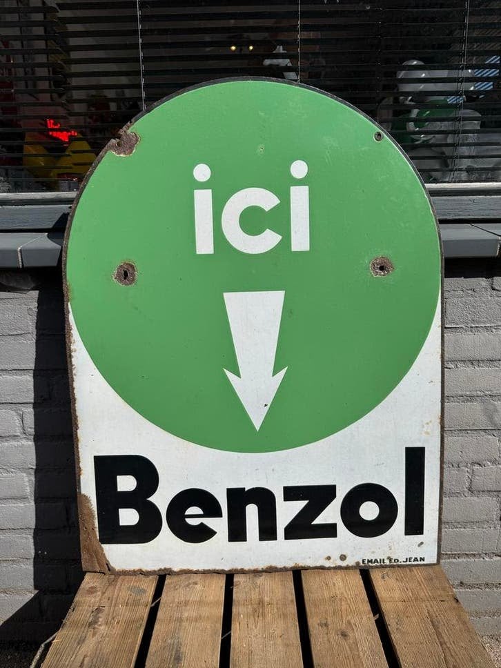 Benzol olie oud emaille reclamebord, Ophalen