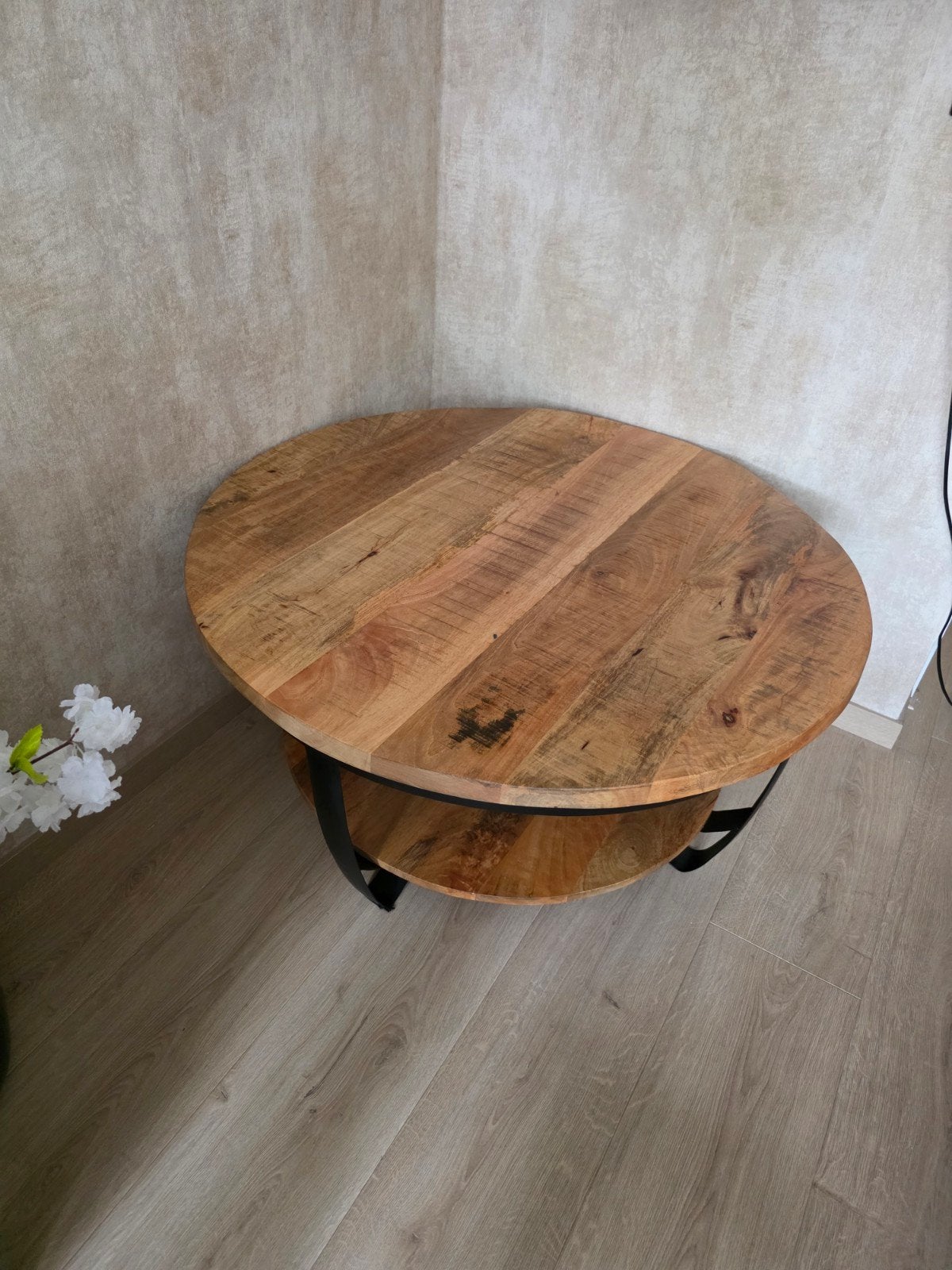 Salontafel rond mangohout en metaal, 50 tot 100 cm, Rond, 50 tot 100 cm, Zo goed als nieuw