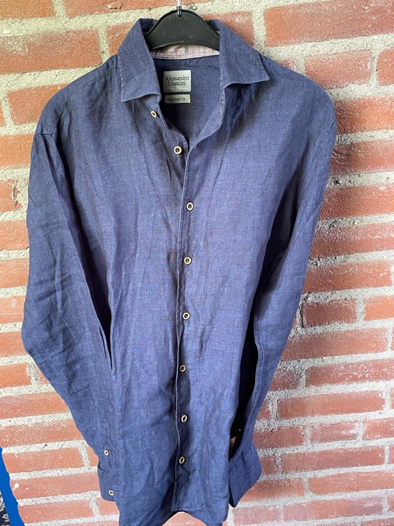 Nieuw Alessandro Mancini overhemd 100% Linnen Blauw Mt 41, Ophalen of Verzenden, Zo goed als nieuw, Blauw, Halswijdte 41/42 (L)