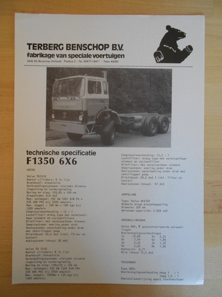 Terberg F1350 6x6 Technische Specificatie Brochure ca 1982, Ophalen of Verzenden, Zo goed als nieuw, Overige merken, Terberg