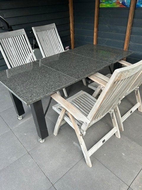 tuinset hardhout met granieten tafel., Tuin en Terras, Tuinsets en Loungesets, Ophalen, 4 zitplaatsen, Gebruikt, Teakhout