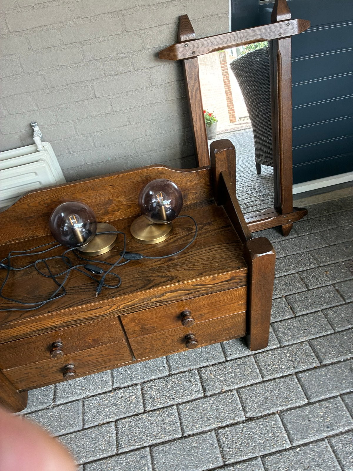 Vintage houten bankje met spiegel en lades, Ophalen