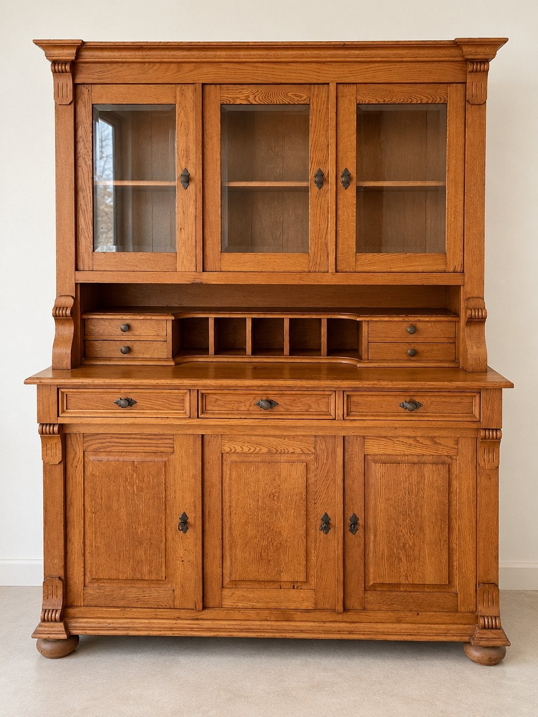 Landelijke houten buffetkast met vitrine - 150x200 cm, Ophalen, Gebruikt, 150 tot 200 cm, Met lade(s)