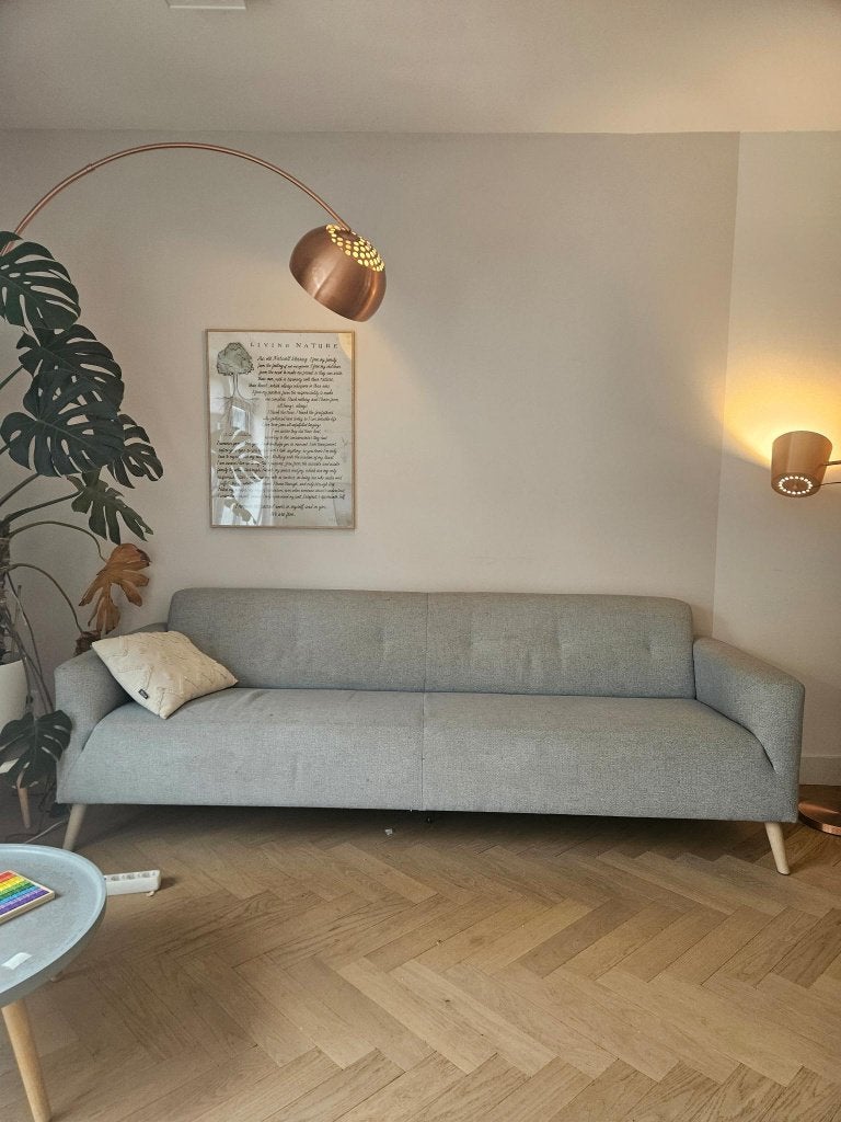 Passe Partout blauwgrijze stoffen bank, Ophalen, 250 tot 300 cm, Gebruikt, Driepersoons