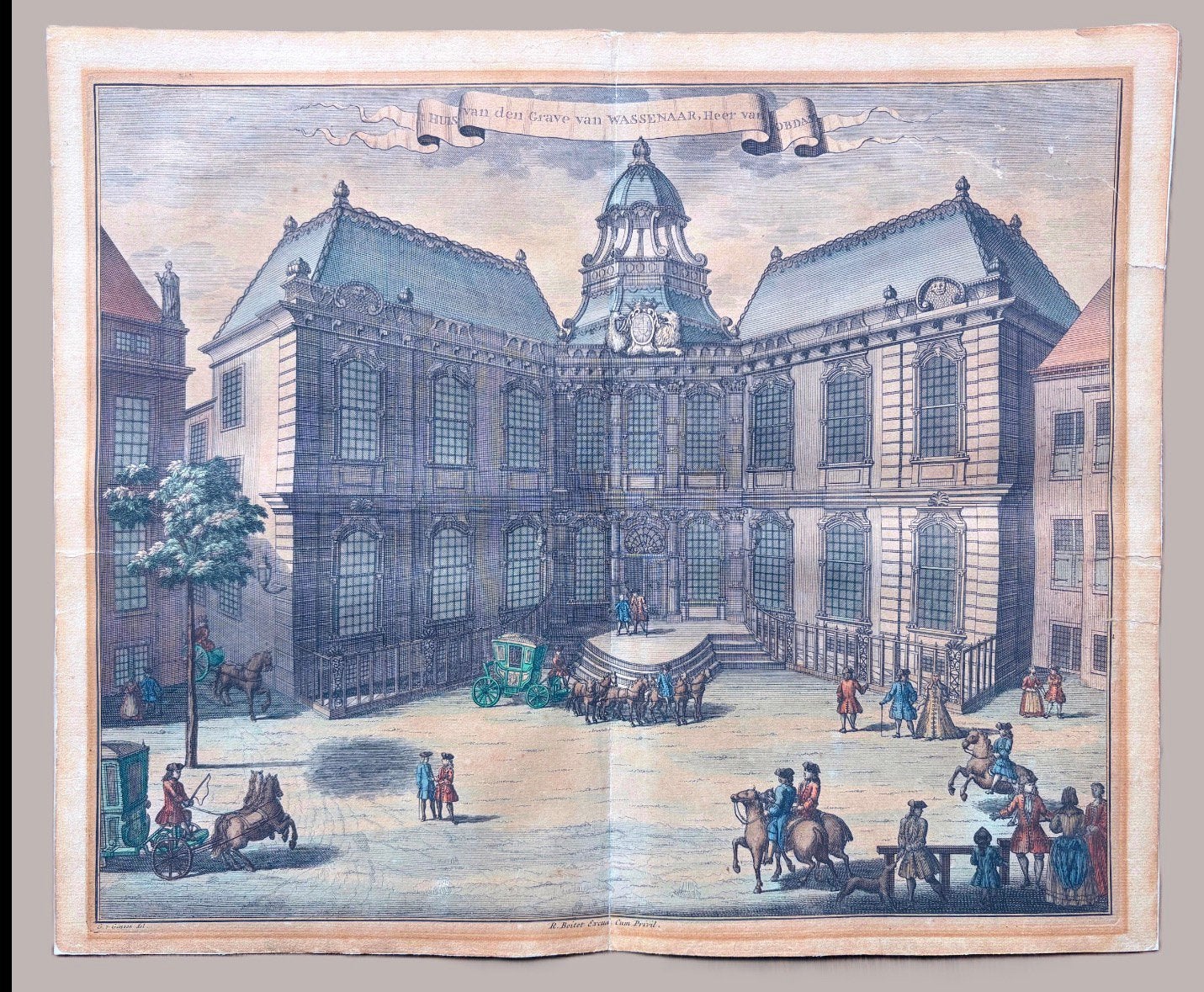 (ca. 1730) Huis van de Graaf van Wassenaer - Reinier Boitet, Antiek en Kunst, 31 cm, Verzenden, Stadsgezicht, Handgekleurd