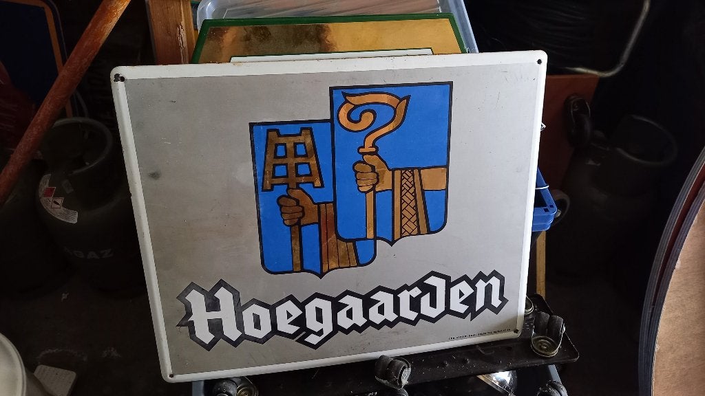 Hoegaarden emaille bord, Verzamelen, Biermerken, Ophalen, Gebruikt, Reclamebord, Plaat of Schild, Overige merken
