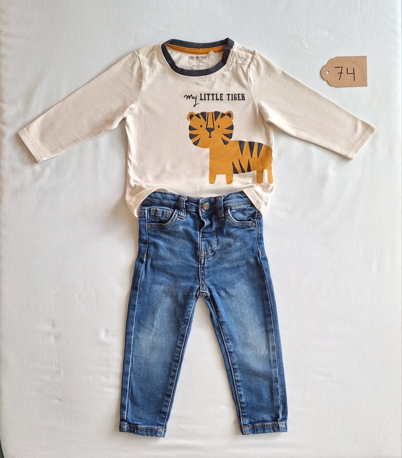 Stoere tijger set: complete outfit jeans + shirt, maat 74/80, Broekje, Zo goed als nieuw, Orchestra, Verzenden
