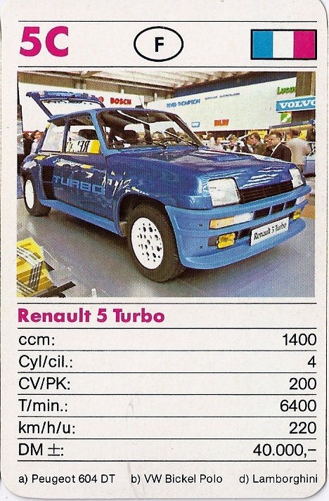 Kw1557 autokaartje 5c renault 5 turbo, Ophalen of Verzenden, Zo goed als nieuw, Auto's