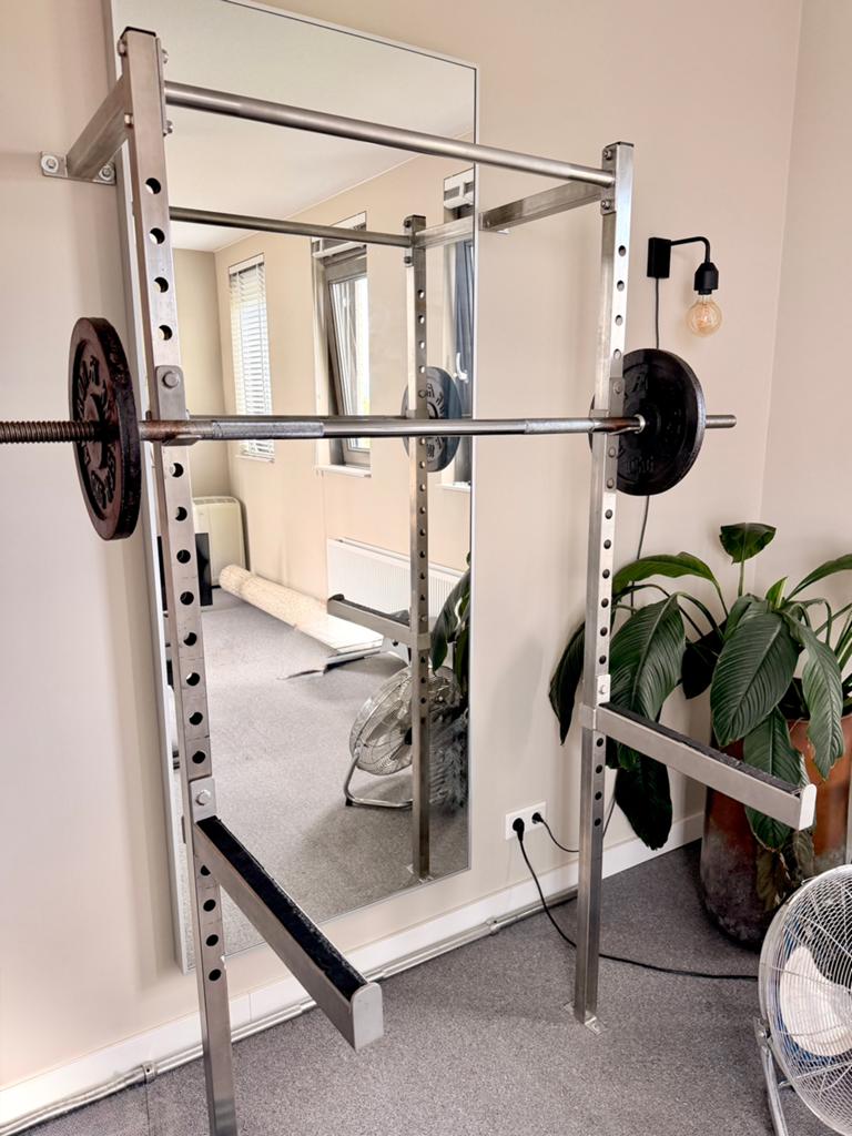 Stevig RVS squat rack / power rack + IKEA HOVET spiegel, Ophalen, Krachtstation
