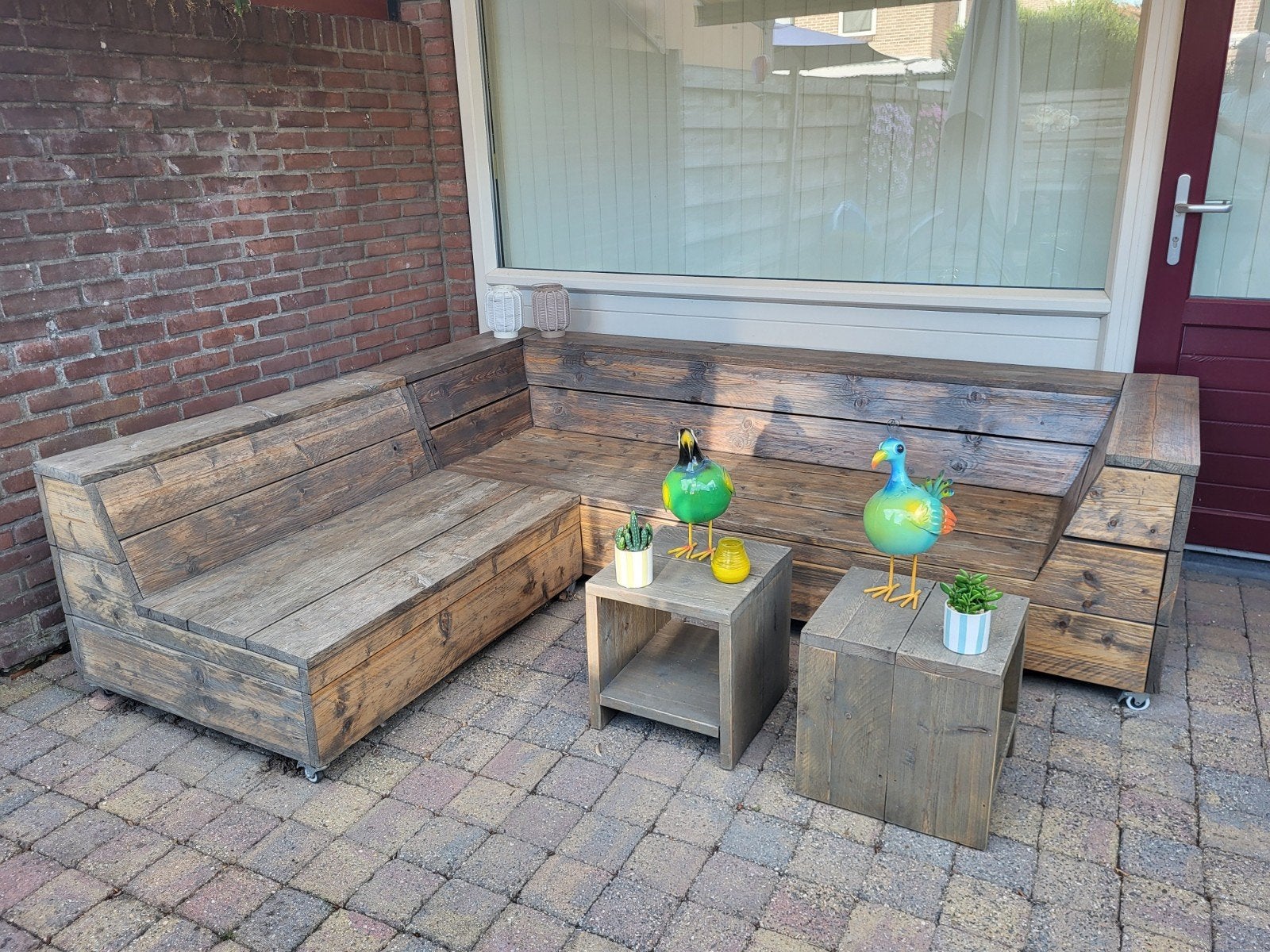 mooie steigerhouten hoekbank met mooie dikke plofkussens., Ophalen, Hout