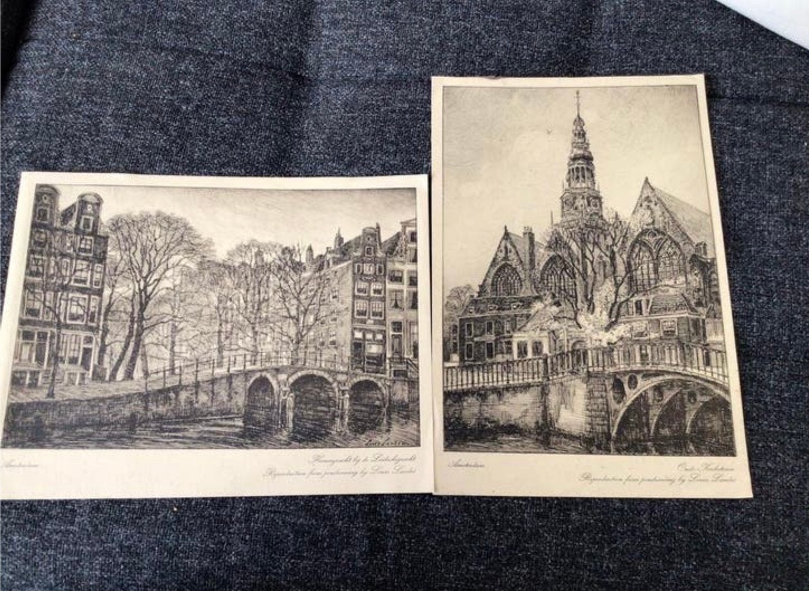 2 OUDE Prenten🌺van LOUIS LANDRE Oude kerktoren/Leidschengra, Ophalen of Verzenden, Voor 1940, Zo goed als nieuw, Overige onderwerpen