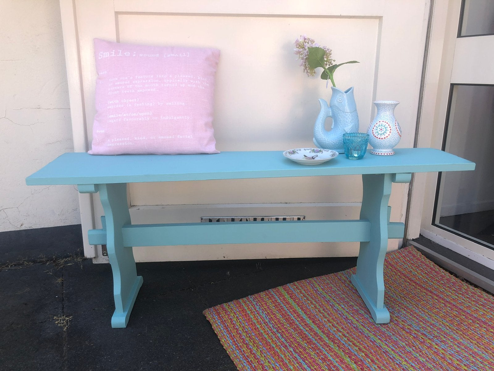 Houten bankje turquoise geschilderd, Ophalen, Groen, Hout, Gebruikt