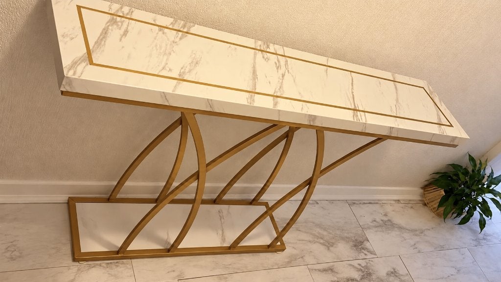 Tribesigns sidetable wit/goud – marmerlook – 140 cm, Huis en Inrichting, Ophalen, 100 tot 150 cm, Zo goed als nieuw, Metaal
