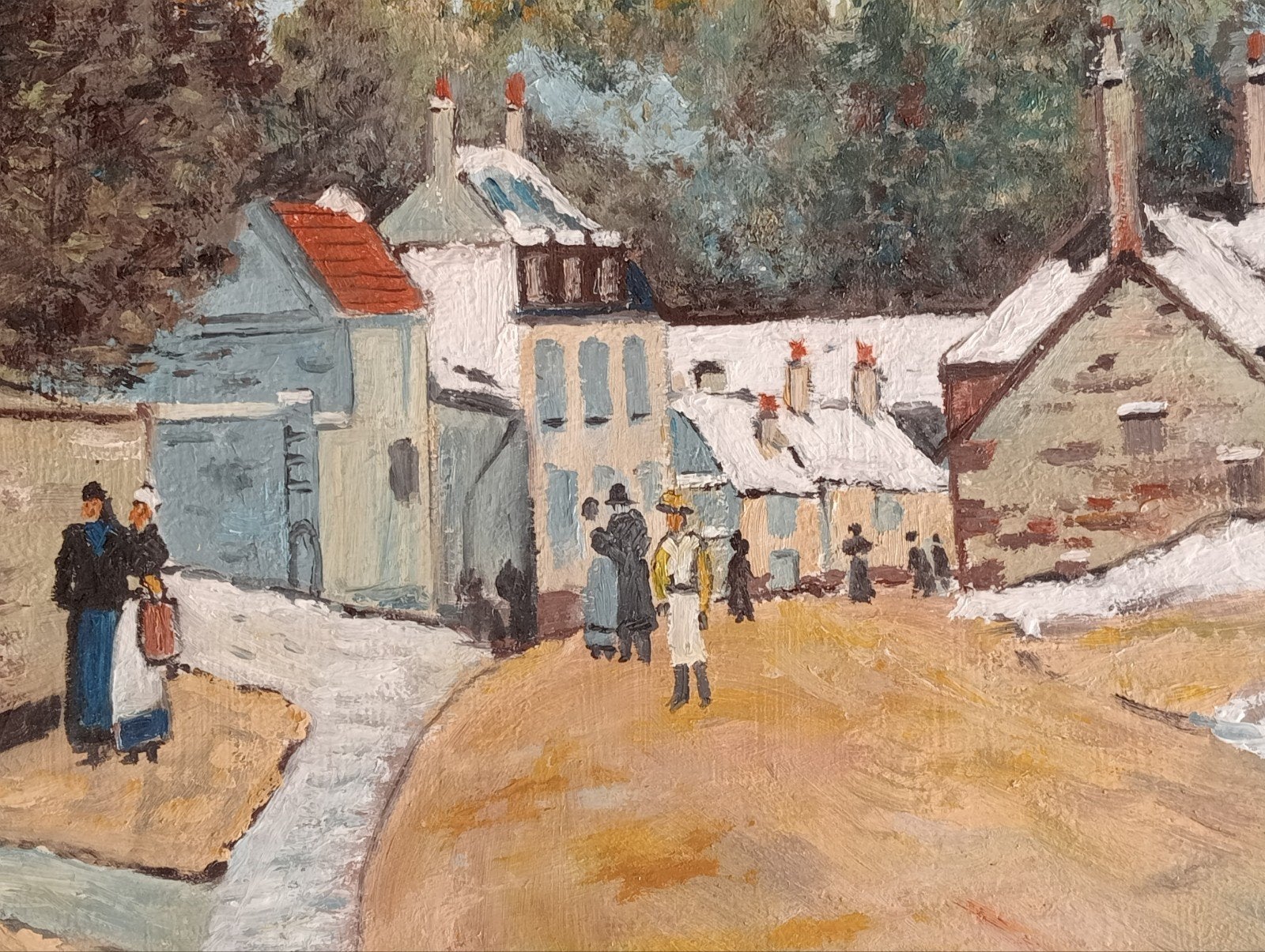 Olieverfschilderij Landschap met huizen, gesigneerd, Origineel werk, Doek, Realistisch, Ophalen of Verzenden