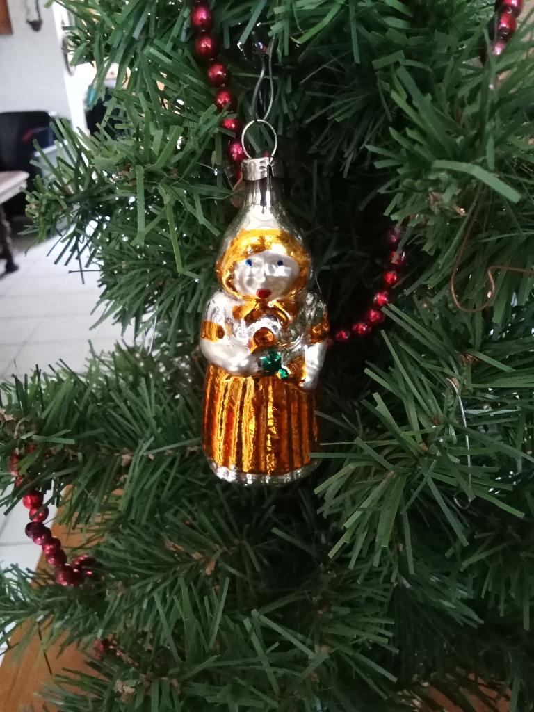 oude kerstbal dun glas van pollepelvrouwtje oranje kleur, Diversen, Kerst, Gebruikt, Ophalen of Verzenden