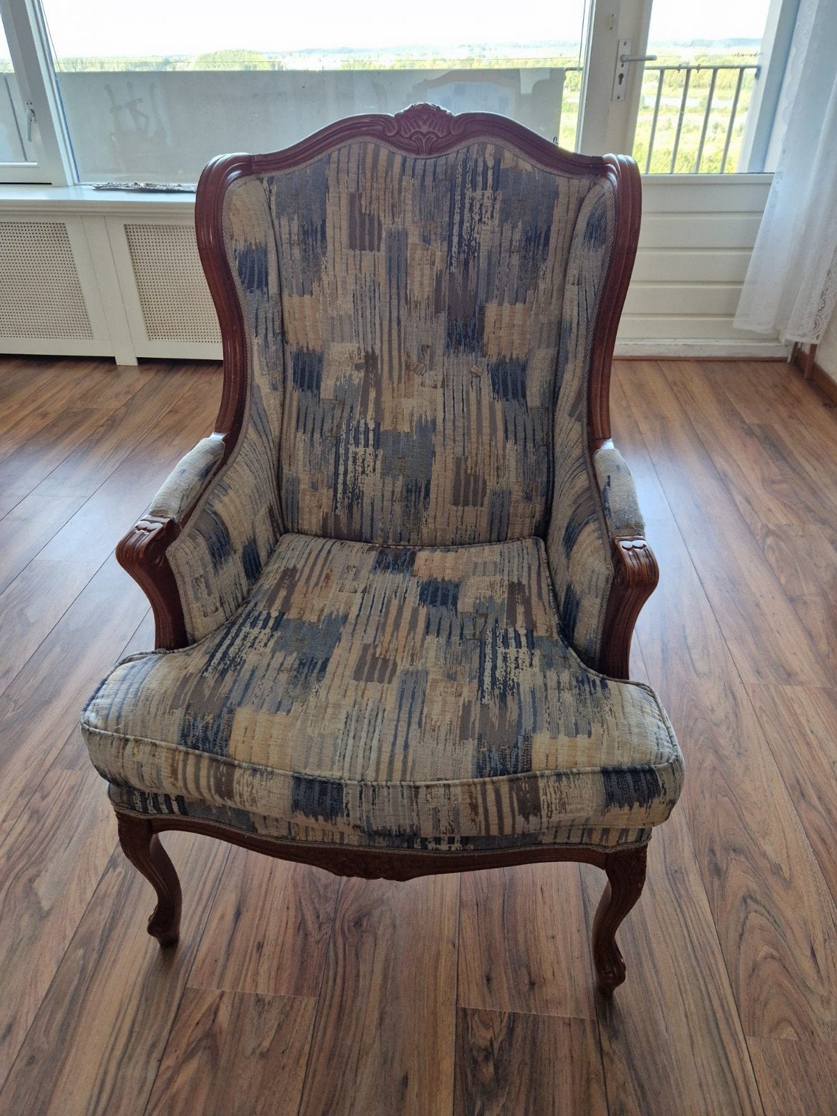 Vintage Barok Fauteuil - Blauw/Grijze Designstof, Ophalen, Hout, Gebruikt, 75 tot 100 cm