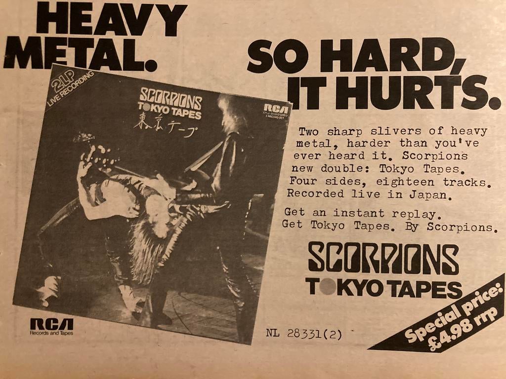 Paginagrote A4 advertentie SCORPIONS Tokyo Tapes release, Ophalen of Verzenden