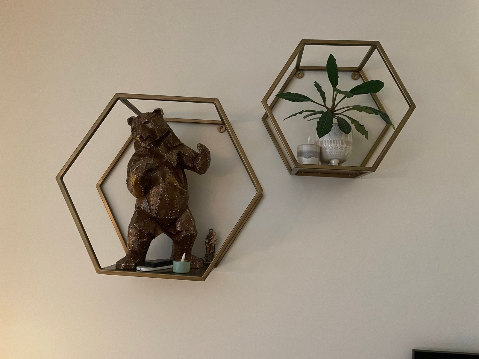 Set van 2 Hexagon Wandplanken - Goudkleurig Metaal, Ophalen, Metaal, Decoratieobject, Met ophangsysteem