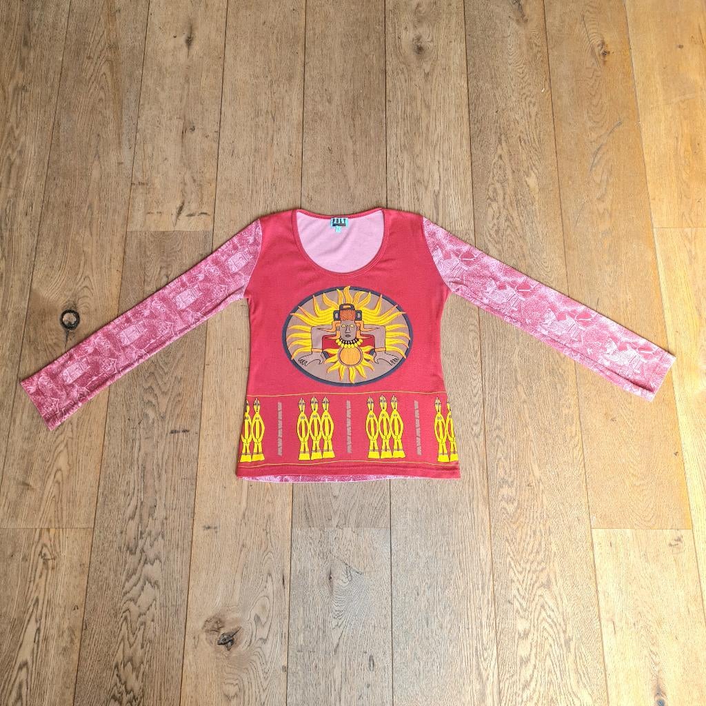 Rood, roze en geel Y2K-grafisch shirt met Maya-zonnegod, Maat 42/44 (L), Ophalen of Verzenden, Lange mouw, Gedragen