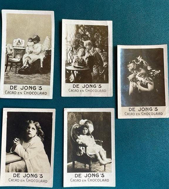 Antieke reclamekaartjes (5) chromo De Jong’s Cacao 1920, Verzamelen, Merken en Reclamevoorwerpen, Gebruikt, Overige typen, Ophalen of Verzenden
