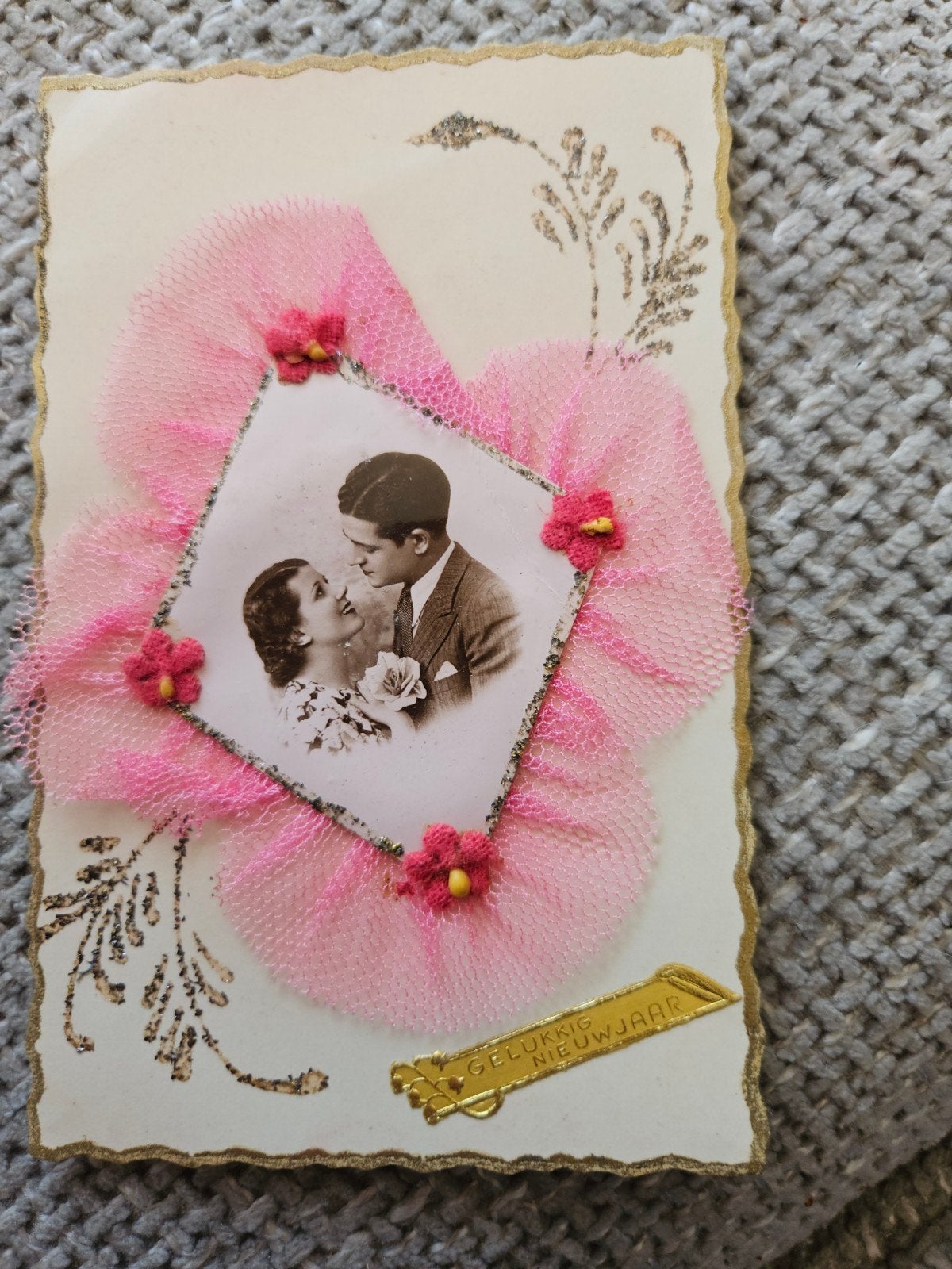 Brocante lint glitter Nieuwjaarskaart 1947 - Romantisch stel, Ophalen of Verzenden